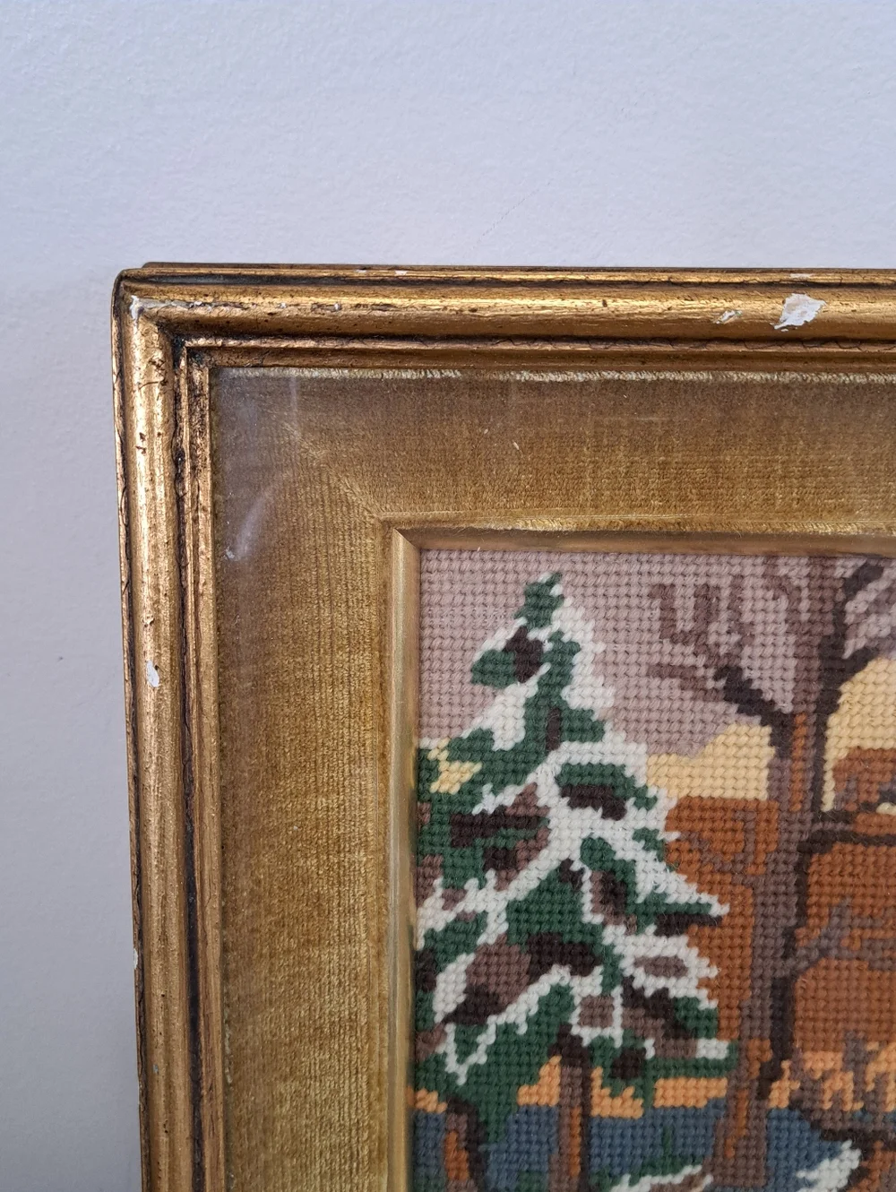 Vintage Needlepoint Framed Artwork Deer Cabins Nature Scene Woodland Classic - Picture 4 of 16